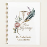 Personalized Doctor Graduation New Beginnings Planner<br><div class="desc">Celebrate the start of a meaningful medical journey with this elegant personalized design featuring a delicate floral medical emblem and the inspiring phrase “New Beginnings.” The design can be customized with the doctor's name and graduation year, creating a thoughtful and memorable keepsake for a new physician. Perfect for celebrating medical...</div>