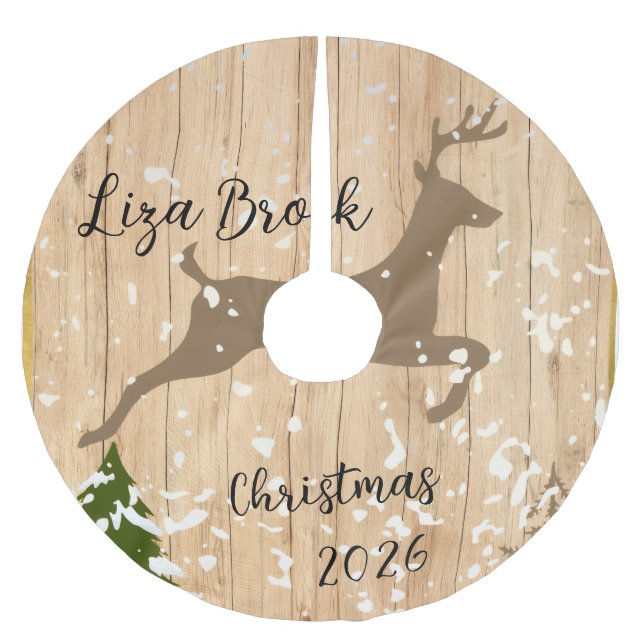 Personalized doe Christmas bauble wooden backgroun Brushed Polyester Tree Skirt (Front)