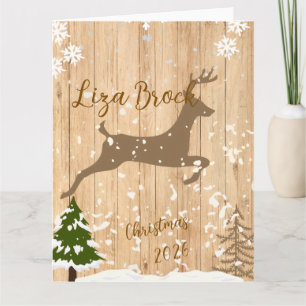 Personalized doe Christmas bauble wooden backgroun Card