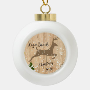 Personalized doe Christmas bauble wooden backgroun Ceramic Ball Christmas Ornament