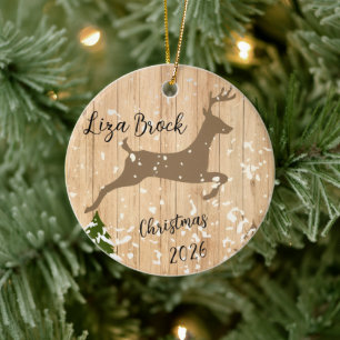 Personalized doe Christmas bauble wooden backgroun Ceramic Tree Decoration