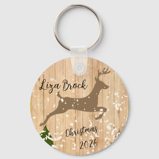Personalized doe Christmas bauble wooden backgroun Key Ring (Front)