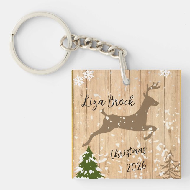 Personalized doe Christmas bauble wooden backgroun Key Ring (Front)