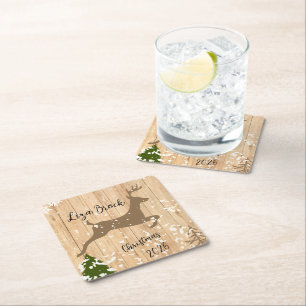 Personalized doe Christmas bauble wooden backgroun Square Paper Coaster