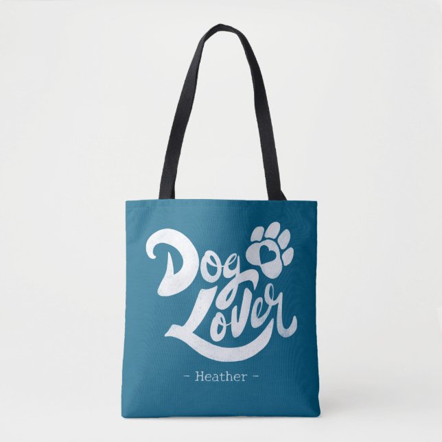 Personalized Dog Lover Hand-Lettered Ocean Blue Tote Bag (Front)