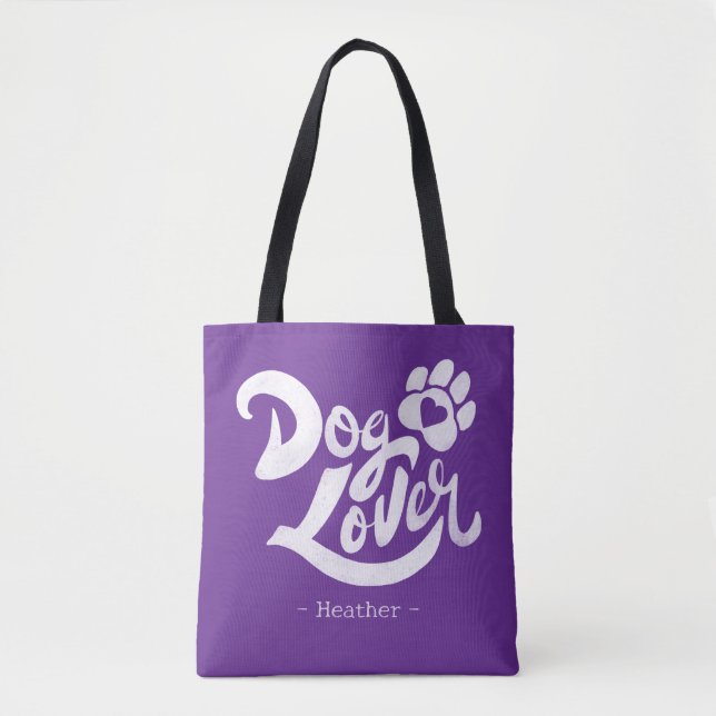 Personalized Dog Lover Hand-Lettered Purple Tote Bag (Front)