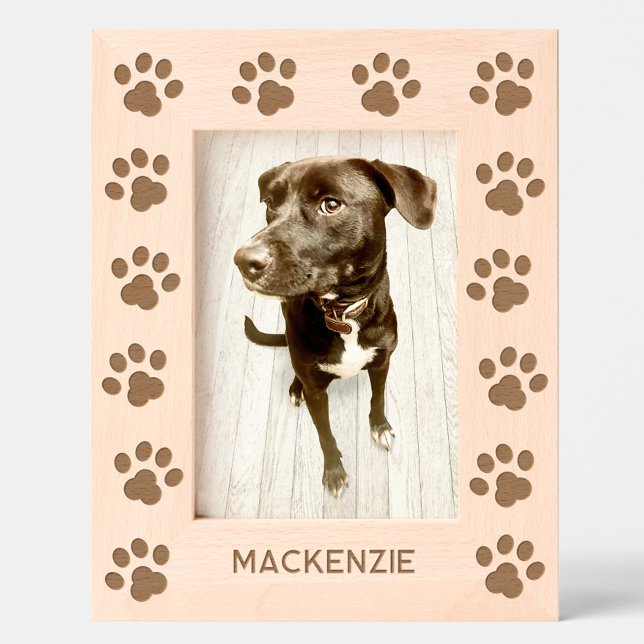 Personalized Dog Name Paw Prints Etched Frames (Cute personalized pet dog name paw prints etched wooden photo frame)