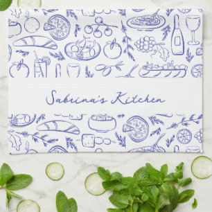 Personalized Dolce Vita Italian Food Drawings Blue Tea Towel