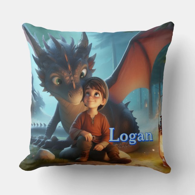 Personalized Dragon & Boy Adventure Throw Pillow (Front)