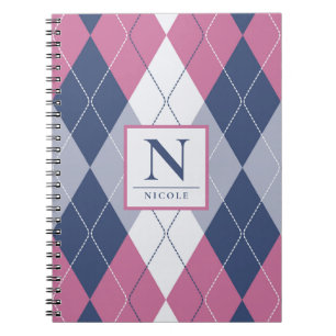 Personalized Dusty Pink & Navy Blue Preppy Argyle Notebook