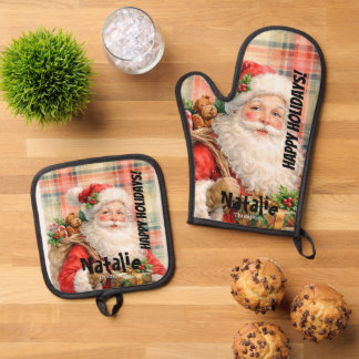 Personalized Dusty Santa Red tartan Merry Holidays Oven Mitt & Pot Holder Set