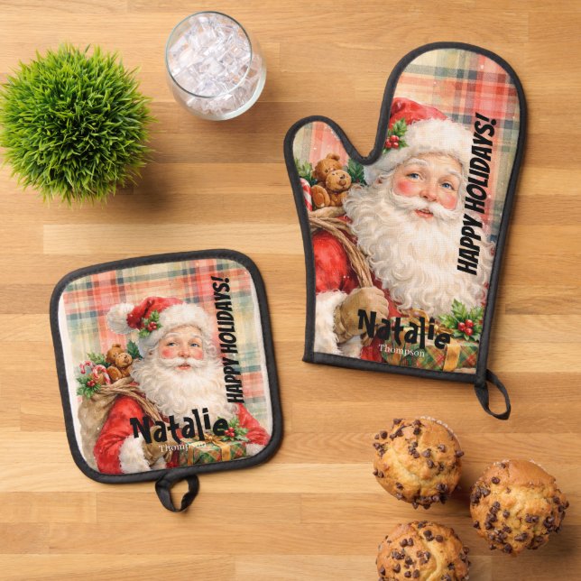 Personalized Dusty Santa Red tartan Merry Holidays Oven Mitt & Pot Holder Set (Top Down)