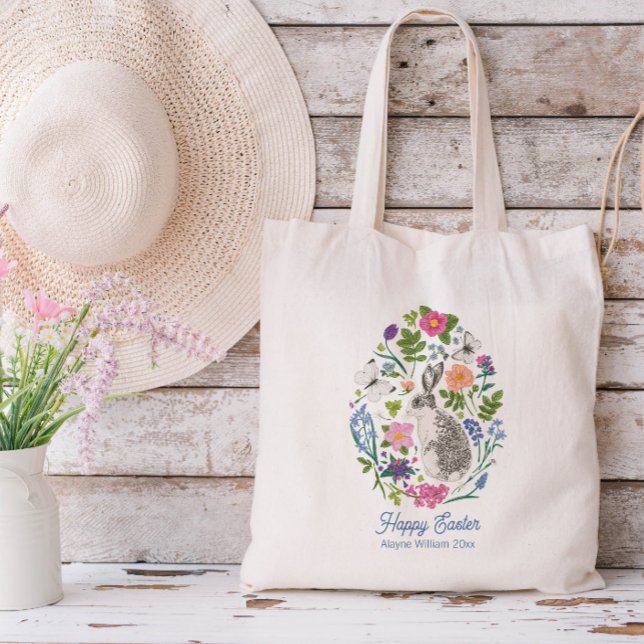Personalized Easter Bunny and Flower Tote Bag (Creator Uploaded)