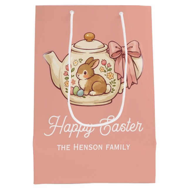 Personalized Easter Bunny Teapot Floral  Medium Gift Bag (Back)