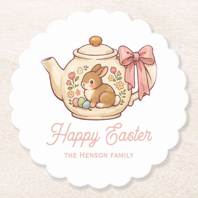 Personalized Easter Bunny Teapot Floral Party Paper Coaster (Front)