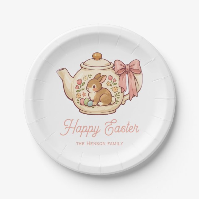 Personalized Easter Bunny Teapot Floral Party Paper Plate (Front)