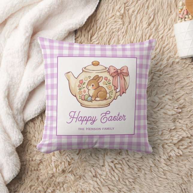 Personalized Easter Bunny Teapot Gingham Family Cushion (Blanket)