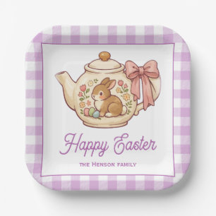 Personalized Easter Bunny Teapot Gingham Family Paper Plate