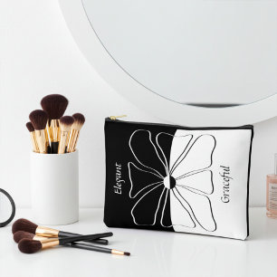 Personalized, Elegant Black and White Floral Art Accessory Pouch