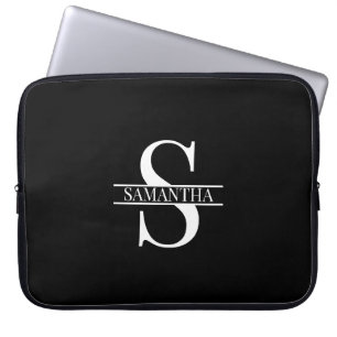 Personalized Elegant Black and White Monogram Name Laptop Sleeve