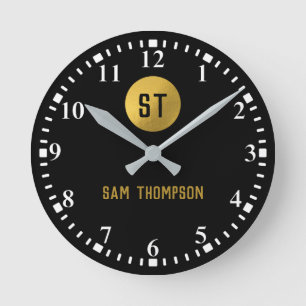 Personalized Elegant Black & Gold Modern Monogram Round Clock