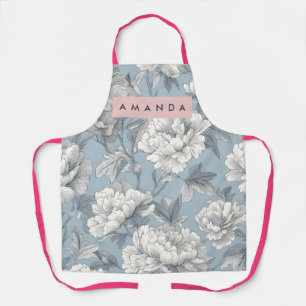 Personalized Elegant Blue and Cream Peony Floral  Apron