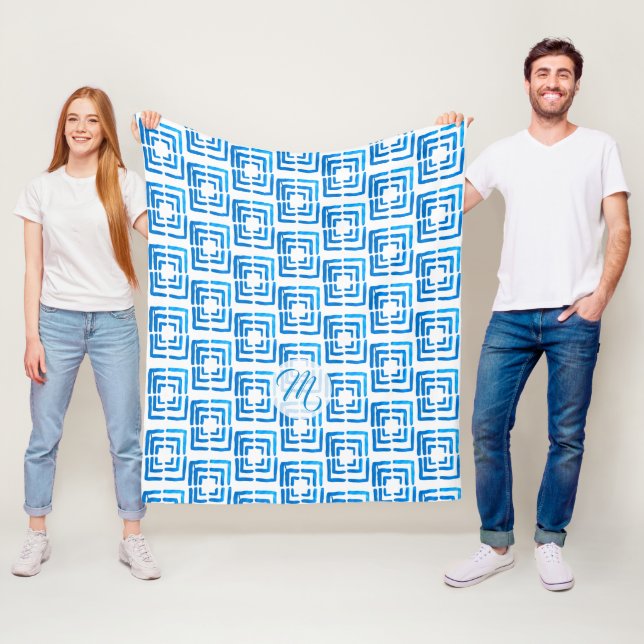 Personalized Elegant Blue Pattern Monogrammed Fleece Blanket (In Situ)