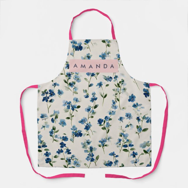 Personalized Elegant Blue Wildflower Design  Apron (Front)