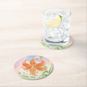 Personalized Elegant Botanical Tiger Lily Round Paper Coaster