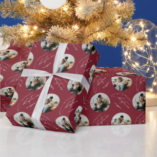 Personalized Elegant Circle Photo Red Christmas Wrapping Paper