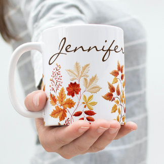 Personalized Elegant Fall Floral Embroidered Coffee Mug