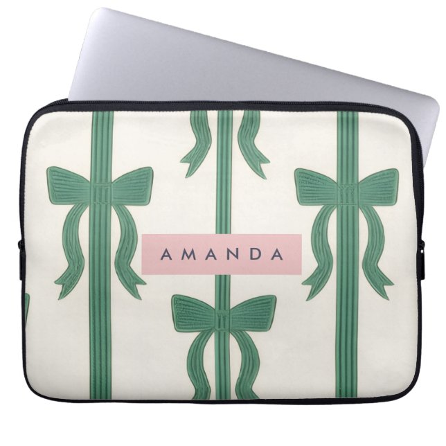 Personalized Elegant Green Bow Ribbon  Laptop Sleeve (Front)