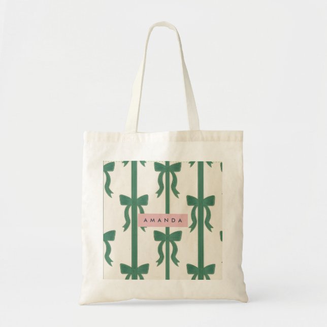 Personalized Elegant Green Bow Ribbon  Tote Bag (Front)