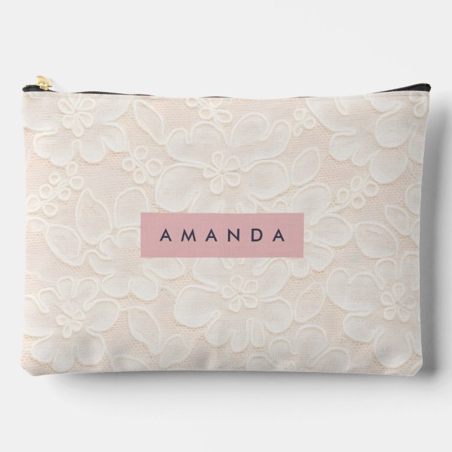 Personalized Elegant Ivory Floral Lace Accessory Pouch (Front)