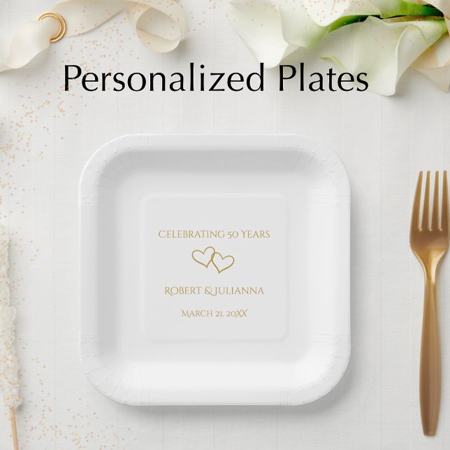 Personalized Elegant Modern 50th Anniversary Party Paper Plate (Add the couples name and wedding anniversary date for an elegant golden party plate.
)