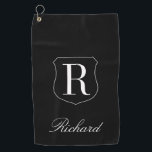 Personalized elegant name monogram logo black golf towel<br><div class="desc">Personalized elegant name monogram logo black golf towel. Monogrammed golfing gifts for men and women. Stylish script typography template for name and initial letter. Luxury Birthday gift ideas for golfer, husband, dad, father, friend, co worker, boss, colleague, coach, instructor, trainer, teacher, grandpa, retired person etc. Add your own surname or...</div>