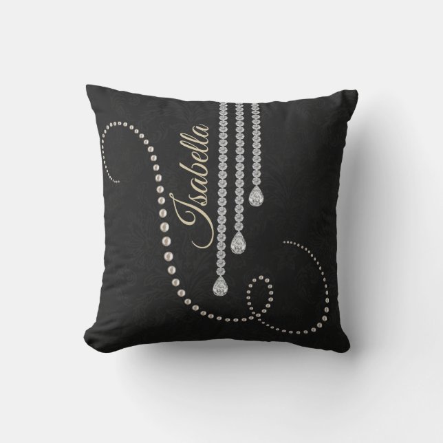 Personalized Elegant Pearl and Diamonds on Black N Cushion (Front)