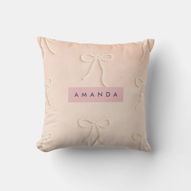 Personalized Elegant Pearl Bow in Soft Blush Cushion (Front)