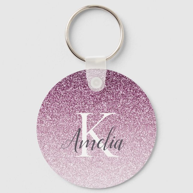 Personalized Elegant Purple Glitter Monogram Name Key Ring (Front)