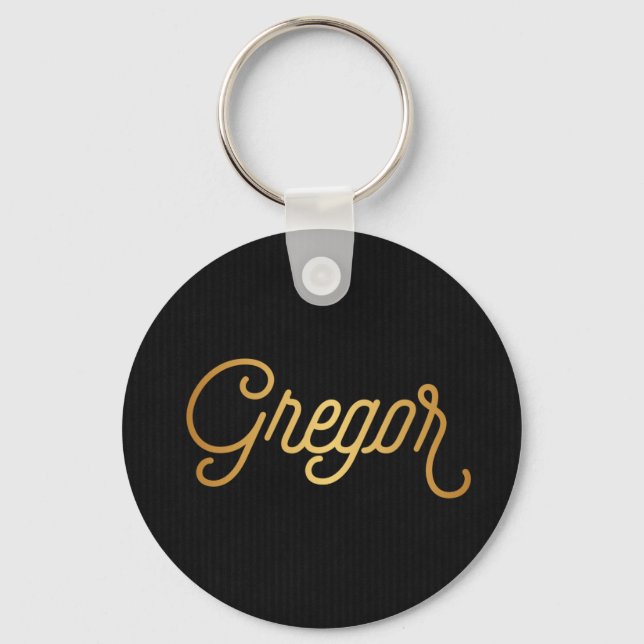 Personalized Elegant Script Gregor Gold Black Key Ring (Front)