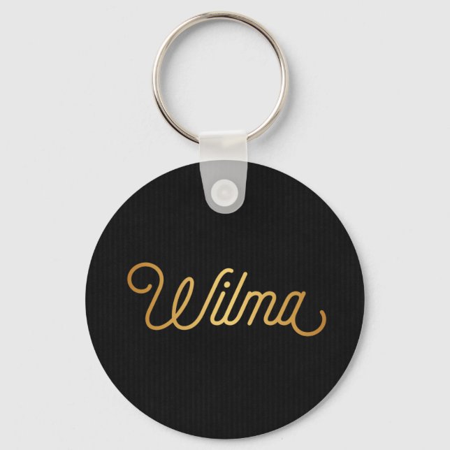Personalized Elegant Script Wilma Gold Black Key Ring (Front)