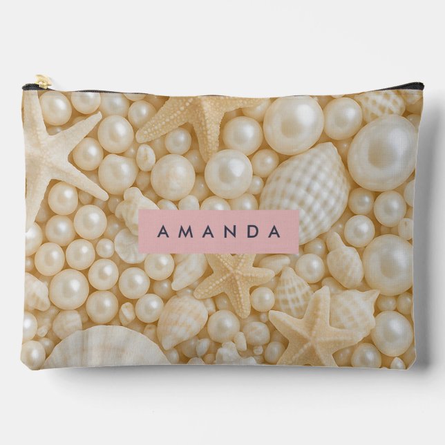 Personalized Elegant Seashell and Pearl Accessory Pouch (Front)