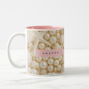 Personalized Elegant Seashell and Pearl Two-Tone Coffee Mug