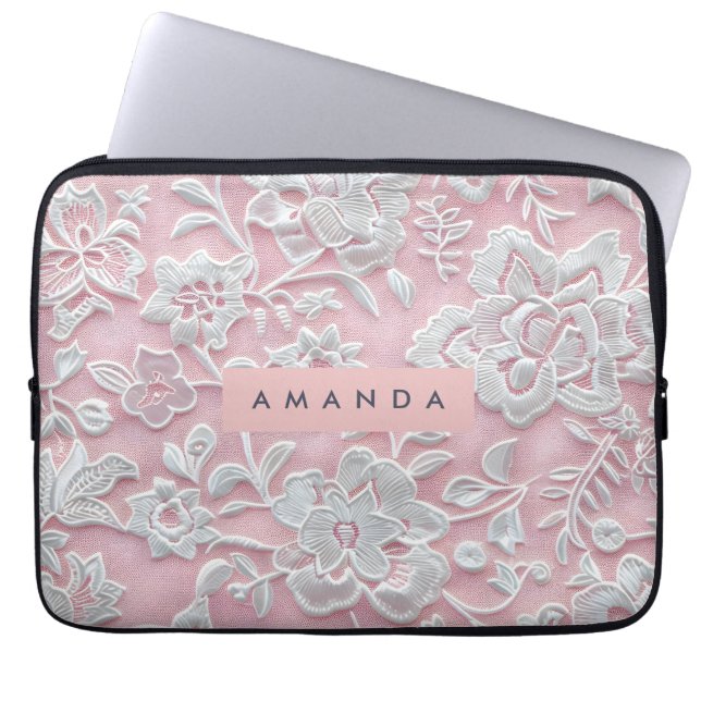 Personalized Elegant Soft Blush Lace Flower Laptop Sleeve (Front)