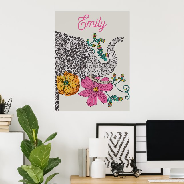 Personalized Elephant Name Kids Room Poster (Home Office)