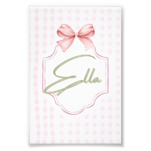 Personalized Ella Baby Girl Nursery Bow&Gingham Photo Print