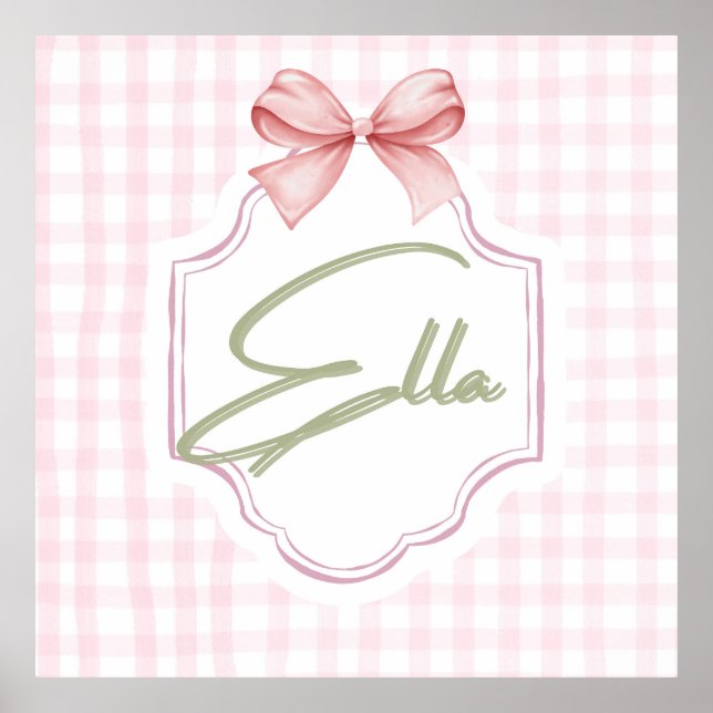 Personalized Ella Baby Girl Nursery Bow&Gingham  Poster (Front)