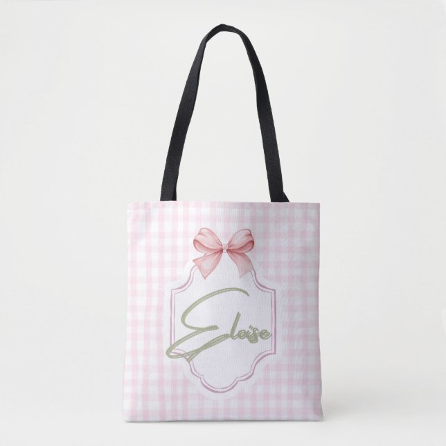 Personalized Eloise Baby Girl Nursery Bow&Gingham Tote Bag (Front)