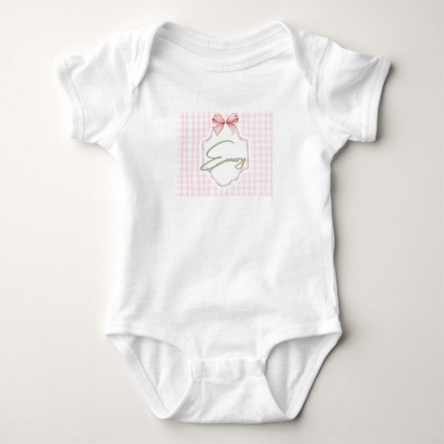 Personalized Emery Baby Girl Nursery Bow&Gingham Bodysuit (Front)