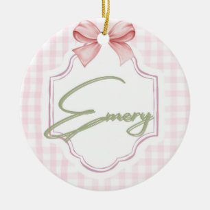 Personalized Emery Baby Girl Nursery Bow&Gingham Ceramic Tree Decoration